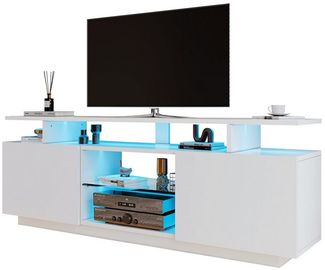 KLAM HOME Lowboard Weißes Lowboard Mit 16-Farbiger LED Beleuchtung (140cm TV Schrank Für Bis Zu 60 Zoll Fernseher), Moderner Aufbewahrungsschrank Mit App-Steuerung
