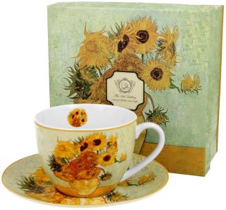 DUO ART GALLERY Tasse 270 ml SUNFLOWERS mit Untertasse, New Bone China Porzellan