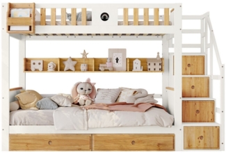 OKWISH Etagenbett Einzelbett Stauraumbett Kinderbett mit Treppe, Reichlich Stauraum (ahmen aus Kiefernholz und MDF, mit 4 Schließfächer in der Treppe, mit Fallschutzgitter und 2 Schubladen, Offenes Regal 90x200cm), ohne Matratze, 90x200cm