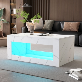 Couchtisch, Moderner Hochglanz-Couchtisch mit LED-Beleuchtung, Fernbedienung und Marmordruck, MDF, Weiß
