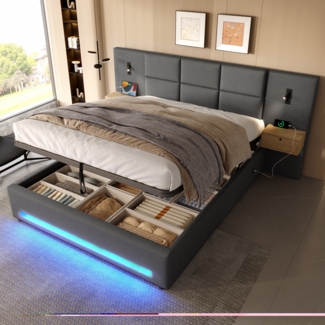 LVHOM Polsterbett 180x200cm mit LED&USB, Doppelbett mit Stauschubladen und Leselampen, Stauraumbett Samtstoff, Grau
