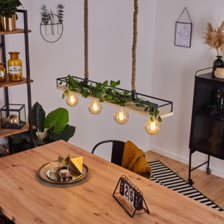 »Bianconese«, Hängelampe aus Metall/Holz/Hanfseil in Schwarz/Natur im Vintage Design, Hängeleuchte im offenen Design mit Holzbalken und Schirm in Gitter-Optik, 4-flammig, 4 x E27 max. 40 Watt