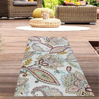 Carpetia Outdoorteppich Wetterfester Outdoor-Teppich mit buntem Blumenmuster und Creme, rechteckig