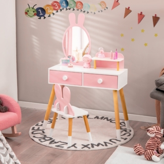 2 in 1 Kinder Schminktisch & Stuhl-Set mit Spiegel & 2 Schubladen & Aufbewahrungsregal Rosa