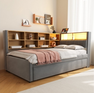 HAUSS SPOLE Schlafsofa 90x200 mit ausziehbett 90x190 mit LED Leuchten und Staufächern Grau, mit Ausziehbett 90x190 cm, Daybett Tagesbett mit USB-Steckdose & Stauraum, Polsterbett für Wohnzimmer & Gästezimmer 90x200 cm, ohne Matratze