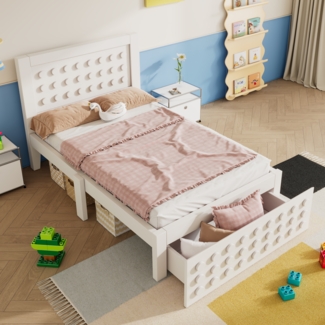 Kinderbett 90×190 cm Weiß mit Stauraum, MDF+Massivholz, Schublade, sicheres Lattenrost, Fantasie-Design