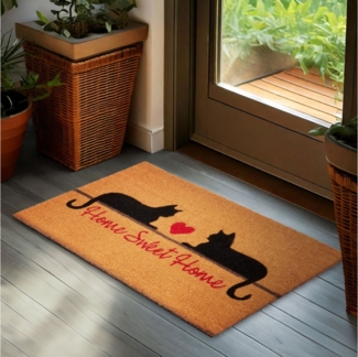BRUBAKER Fußmatte Home Sweet Home - 45x75 cm Schmutzfangmatte mit Katzen - Braun, Rechteckig, Höhe: 16 mm, Fußmatte für Außen und Innen aus Kokos - Wetterfest und Rutschfest