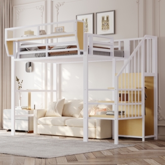 Merax Hochbett 90x200cm, Etagenbett, Kinderbett mit Sicherheitsleiter und flexiblem Staufach, Metallbett, Weiß
