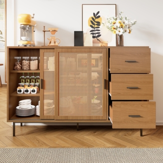 Kommode mit Rattan Schiebetüren und 3 Schubladen mit Regalböden Beistellschrank Anrichte Aufbewahrungsschrank Buffet Highboard Holz Natur Design