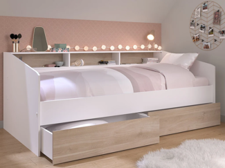 Vente-unique - Bett 90 x 190/200 cm mit Stauraum + Lattenrost + Matratze - Weiß & Holzfarben - PAULETTE