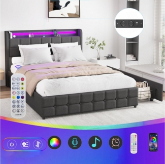 LETGOSPT Polsterbett Doppelbett 140x200cm mit LED 16Farboptionen,Polsterbett Kopfteil (2 beidseitig verstellbare Schubladen, LED-Beleuchtung integriert), LED, Ladefunktion, 2 Schubladen, pflegeleichter Kunstlederbezug