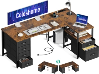 Schreibtisch L Form Stoff Schubladen Aktenschublade USB 140x70cm Braun