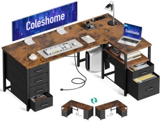 Schreibtisch L Form Stoff Schubladen Aktenschublade USB 140x70cm Braun