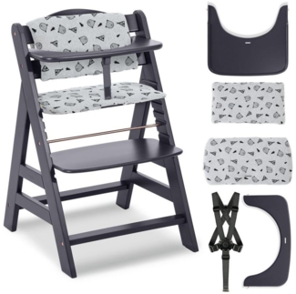 Hauck Hochstuhl Alpha Plus Dark Grey Select (Set), Mitwachsender Babystuhl aus Holz mit Tablett, Sitzauflage verstellbar