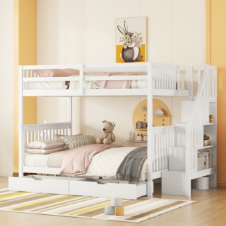 Etagenbett, Treppenregal, ausgestattet mit zwei Schubladen, hohe Geländer, weiß, 140 x 200cm
