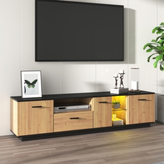 TV-Schrank 180 cm MDF Schwarz/Holz mit LED, Türen, Glastrennwände, Schublade, Wohnzimmer Stauraum