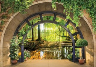 Wallarena Fototapete 3D EFFEKT Fenster Wald Natur Landschaft Wohnzimmer oder Schlafzimmer, Glatt Vlies, 3D-Optik, Wald, Fenster, Natur, Landschaft, Sonne, Sonnewald, Fototapete Wohnzimmer Schlafzimmer - Vliestapete inklusive Kleister