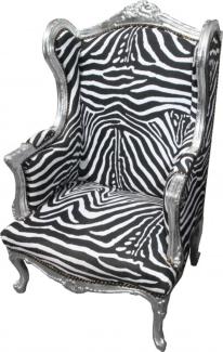 Casa Padrino Barock Lounge Thron Sessel Zebra / Silber - Ohren Sessel - Ohrensessel Tron Stuhl