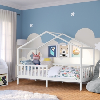 Bellabino 'Bia' Hausbett 90x200 cm mit Matratze, weiß, Kiefer Massivholz, Montessori Kinderbett mit Rausfallschutz und Lattenrost