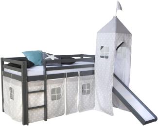 Homestyle4u Spielbett mit Turm und Rutsche, Grau, Kiefernholz grau / grau, 90x200 cm