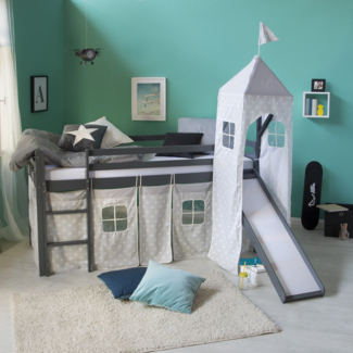 Homestyle4u Spielbett mit Turm und Rutsche, Grau, Kiefernholz grau / grau, 90x200 cm