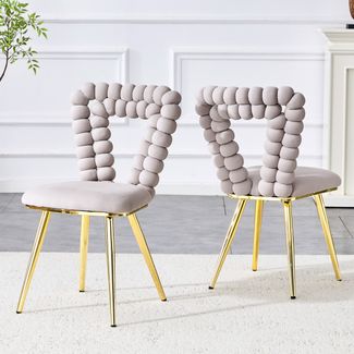 Hellgrau Samt-Esszimmerstühle (2er-Set),Dreieckiger Ausschnitts-Rückenlehne Vergoldete Metallbeine Stabil für Esszimmer Garderobebereiche und Wohnräume,Samt,Hellgrau,