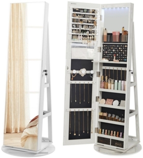 Songmics Schmuckschrank mit rahmenlosem Ganzkörperspiegel, 360° drehbar, abschließbar, Oberfläche weiß | Innenfutter schwarz, 162 x 54,5 x 54,5 cm