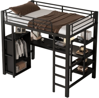 SeedWave Hochbett Merzweck Metall Hochbett mit Kleiderschrank, Schreibtisch, 90x200 cm 3 Regale, vertikale Leiter mit 5 Stufen