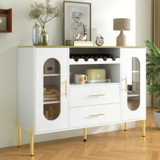 Sideboard 120x38x90 cm mit Glasfronten und integriertem Weinregal, weiß mit goldenen Akzenten