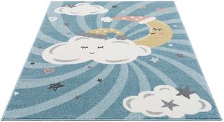 carpet city Kinderteppich Kinderzimmer Blau - 120x160 cm - Mond Wolken Sterne - Kinderzimmerteppiche Mädchen Jungen - Babyzimmer-Teppich - Spielteppich