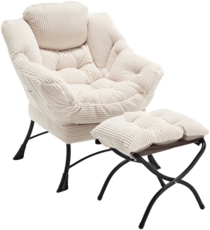 LVHOM Relaxsessel mit Hocker, Armlehnstuhl Fernsehsessel Lesesessel mit Seitentasche, Cord Bezug, bequem gepolstert, bis 180kg belastbar, Weiß