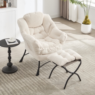 LVHOM Relaxsessel mit Hocker, Armlehnstuhl Fernsehsessel Lesesessel mit Seitentasche, Cord Bezug, bequem gepolstert, bis 180kg belastbar, Weiß