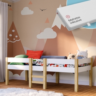 Bellabino 'Aspy' Halbhochbett 90x200 cm mit Matratze, weiß, Kinderbett mit Rausfallschutz und Lattenrost