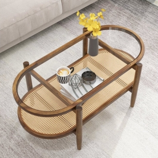 COSTWAY Couchtisch, mit Stauraum, aus Glas, Rattan & Massivholz, 102x56x47cm