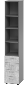 bümö smart Schubladenschrank, Büroschrank in Graphit/Beton mit 4 Schüben & 4 Regalfächern - Bürocontainer aus Holz, Container mit Metallgriffen & Soft-Stop Schubladen, 964S4-G-M-BS