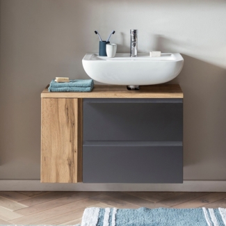 Waschbeckenunterschrank mit Siphonausschnitt rechts VASTO-03-GREY, in Wotan Eiche Nb. mit grau matt, B/H/T ca. 85/56/35 cm