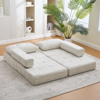 Klappsofa Bett mit Kopf- & Lendenkissen, multifunktionales Schlafsofa, 2-in-1 Faltsofa mit hochdichtem Schaumstoff,Beige