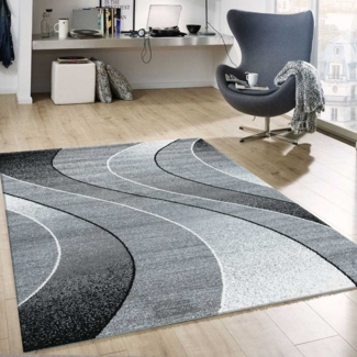 Vimoda Teppich Wohnzimmer kurzflor Geometrisches, Rechteckig, Höhe: 11 mm, Kurven Muster, Läufer Meliert,modern, Schwarz, Grau