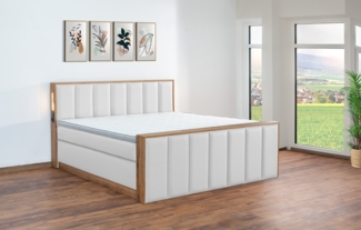 Meisterbetten Boxspringbett Sely mit Holzdekor Eiche Cognac 140x220 in LM-Weiß, Matratzenbezug Nano, Midisoft-Topper, mit Fussteil