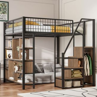 Hochbett 140x200 cm mit Stauraumtreppe, Aufbewahrungsschrank & Metallrahmen, platzsparendes Jugendbett schwarz