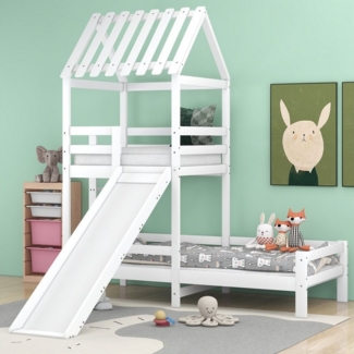 Flieks Etagenbett, Hausbett Spielturmbett Kinderbett 90x200cm+90x100cm Kiefer