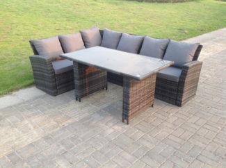 Fimous 6 Sitzer Hoher Rücken Rattan Gartenmöbel-Set Ecksofa mit Schwarz gehärtet Esstisch Esstisch