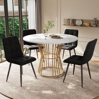 Esszimmer-Set 5-tlg Runder Tisch 100 cm Durchmesser Marmor MDF Mit 4 Samt Stühlen Metallgestell Verstellbare Beine