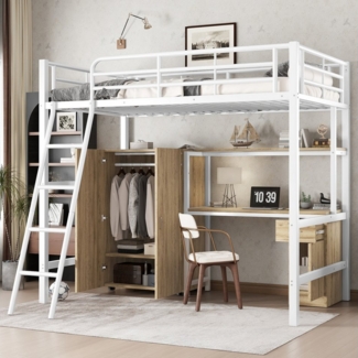 Merax Hochbett (1-St) Etagenbett 90x200 cm mit Kleiderschrank, Schreibtisch, Regale & Leiter