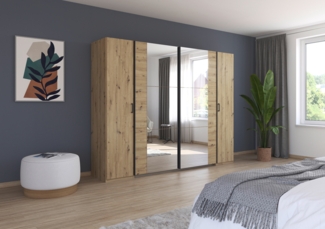 rauch Kleiderschrank, Dreh- und Schwebetürenschrank KRONACH, 4-türig, 2 Spiegeltüren teilaufgelegt, Eiche Artisan, 268 x 210 x 59 cm