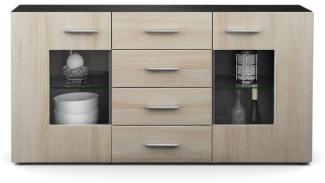 Sideboard Kommode Grömitz V1, Korpus in Schwarz matt / Front in Eiche sägerau (139 x 72 x 35)