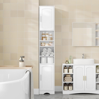 Badezimmerschrank, Badschrank Schmal Hoch, Hochschrank Badezimmer, Badschrank mit Offenen Fach und Tür, Verstellbaren Ablagen, Platzsparender Badregal, Badmöbel, Modern, 30 × 30 ×180 cm, Weiß