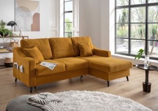 Sofa Valentina von Benformato: Elegantes Breitcord-Sofa mit Schlaffunktion, Bettkasten und Flexibler Recamiere, gold