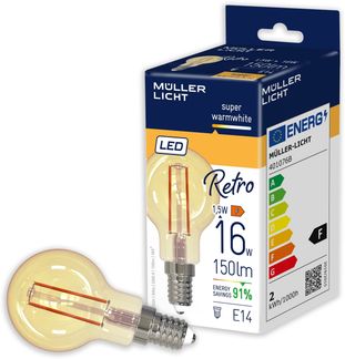 Müller-Licht Retro LED G45 Filament Tropfenform E14 gold, 2.2W ersetzt 16W, nostalgisches superwarmweißes (2000K) Licht für ein gemütliches Ambiente, nicht dimmbar, 15000h Lebensdauer, 401076