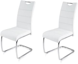 KHG 2er Set Esszimmerstühle Schwingstuhl Polsterstuhl Küchenstuhl Kunstleder Weiß - Design Stuhl Sitzhöhe 48 cm - Freischwinger mit integriertem Griff